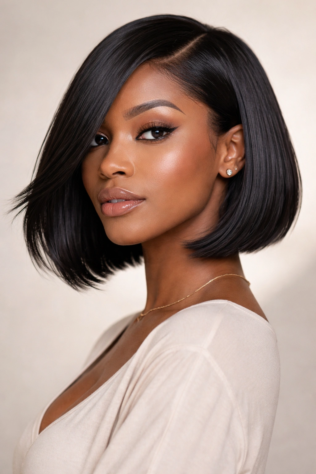 Sleek razor cut bob on silk-pressed hair with subtle movement
