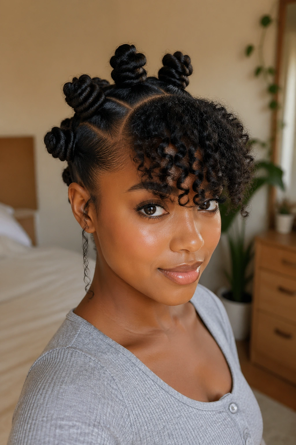 Close-up portrait of a real woman with sleek roots and puffy bangs in a half-up knot