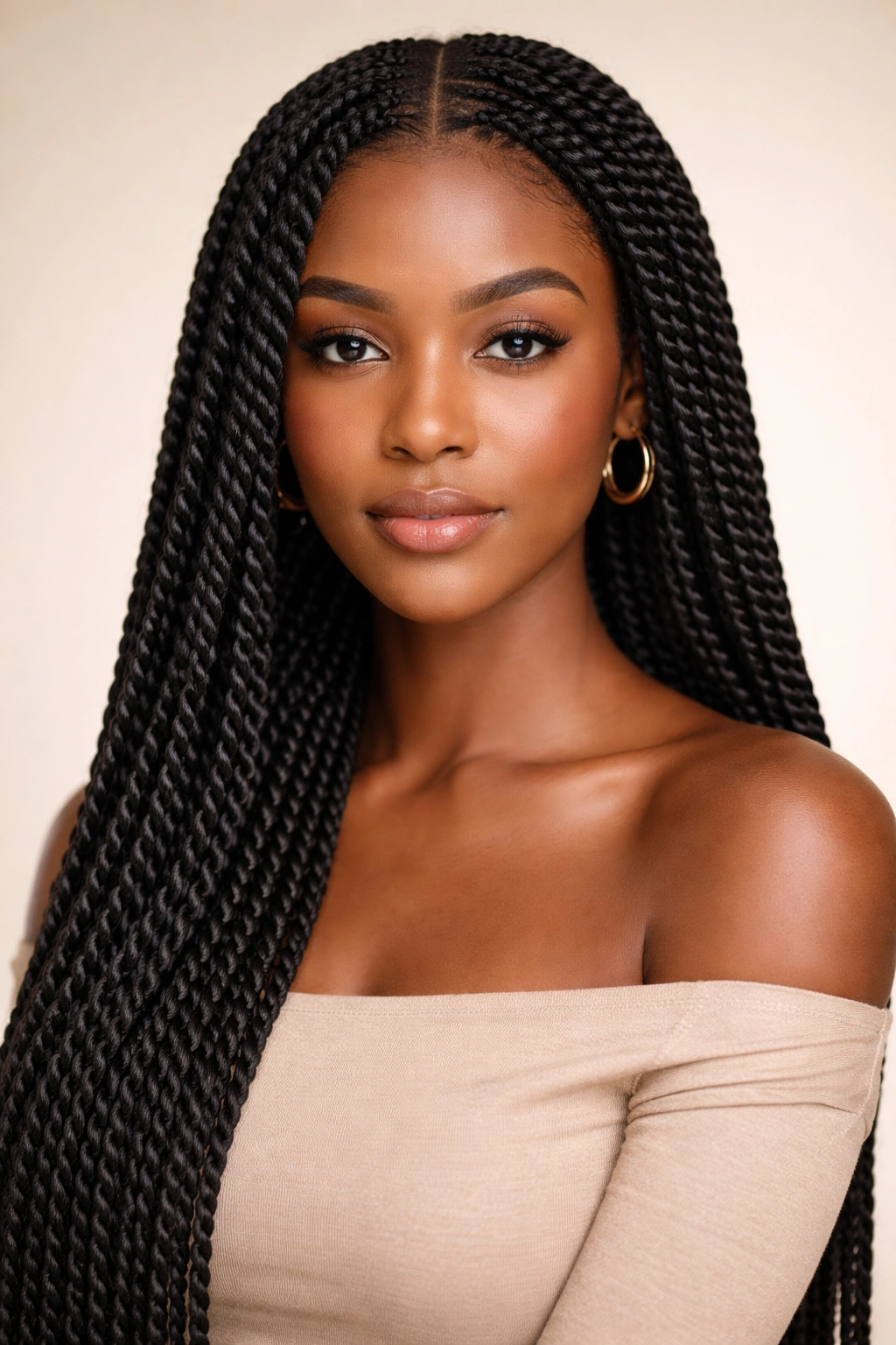 Close-up of sleek Senegalese twists with a clean middle part