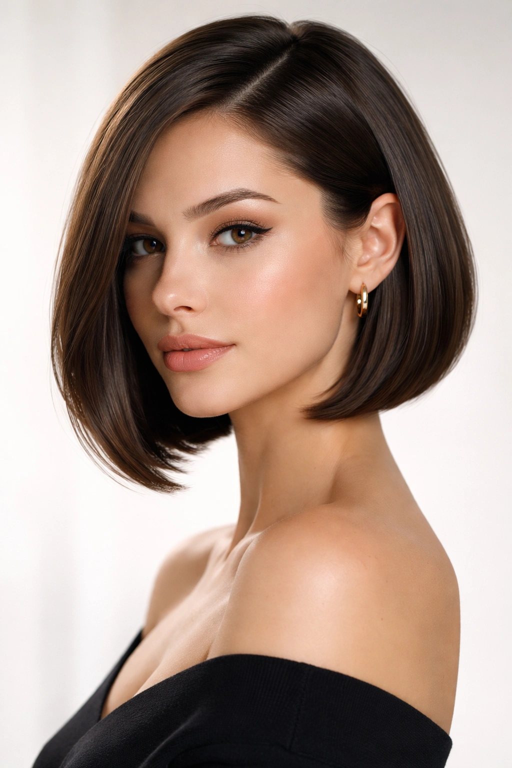 Sleek side-part bob highlighting the deep side part on an oval face