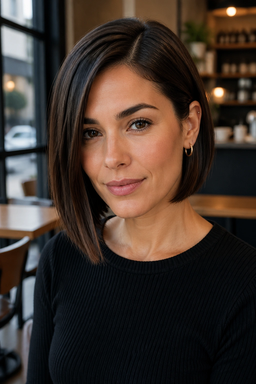 Close-up of a real woman with a sleek side-part bob in a cafe setting