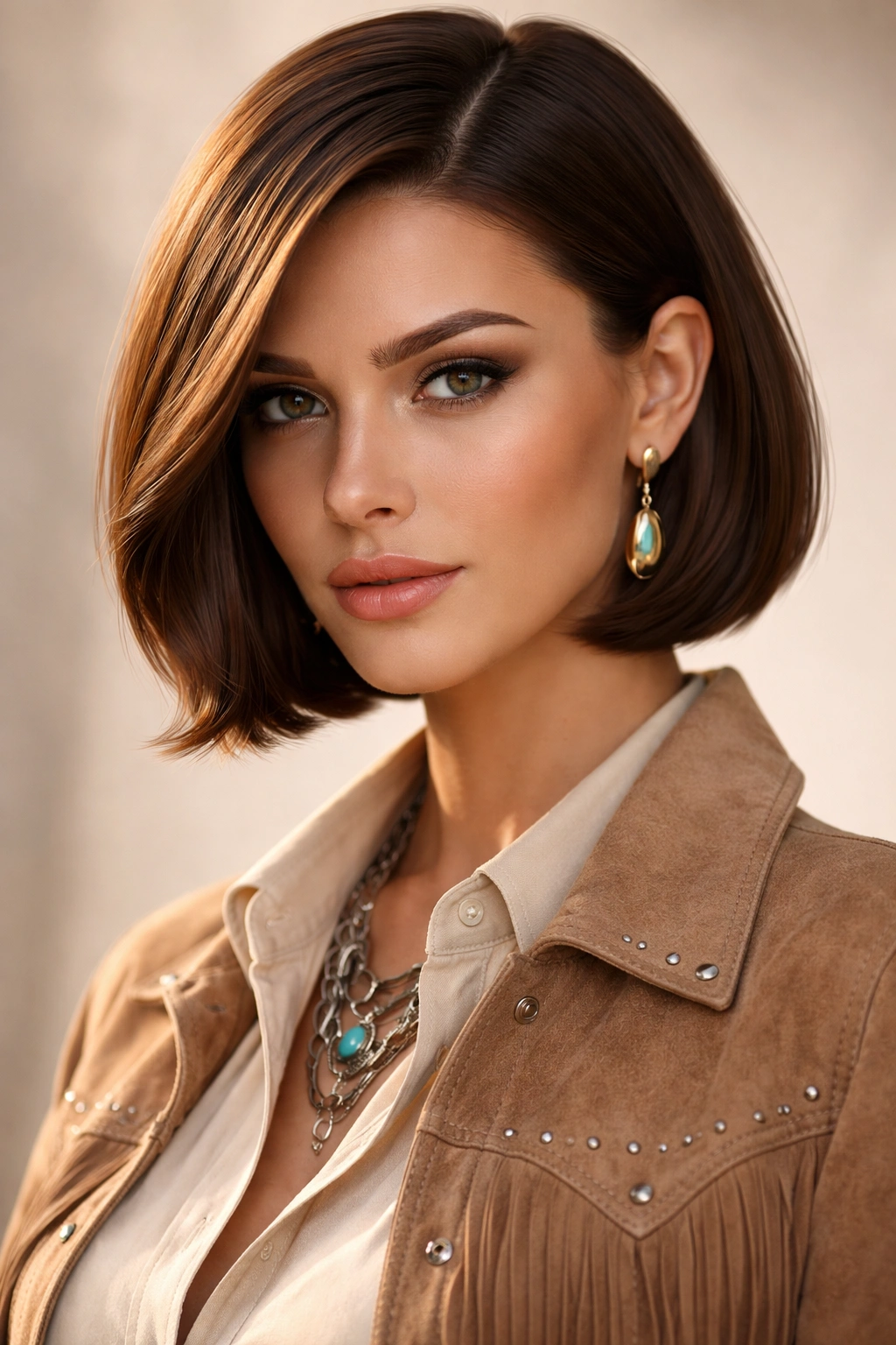 Close-up of a sleek side-part cowgirl bob with a subtle inward bend.