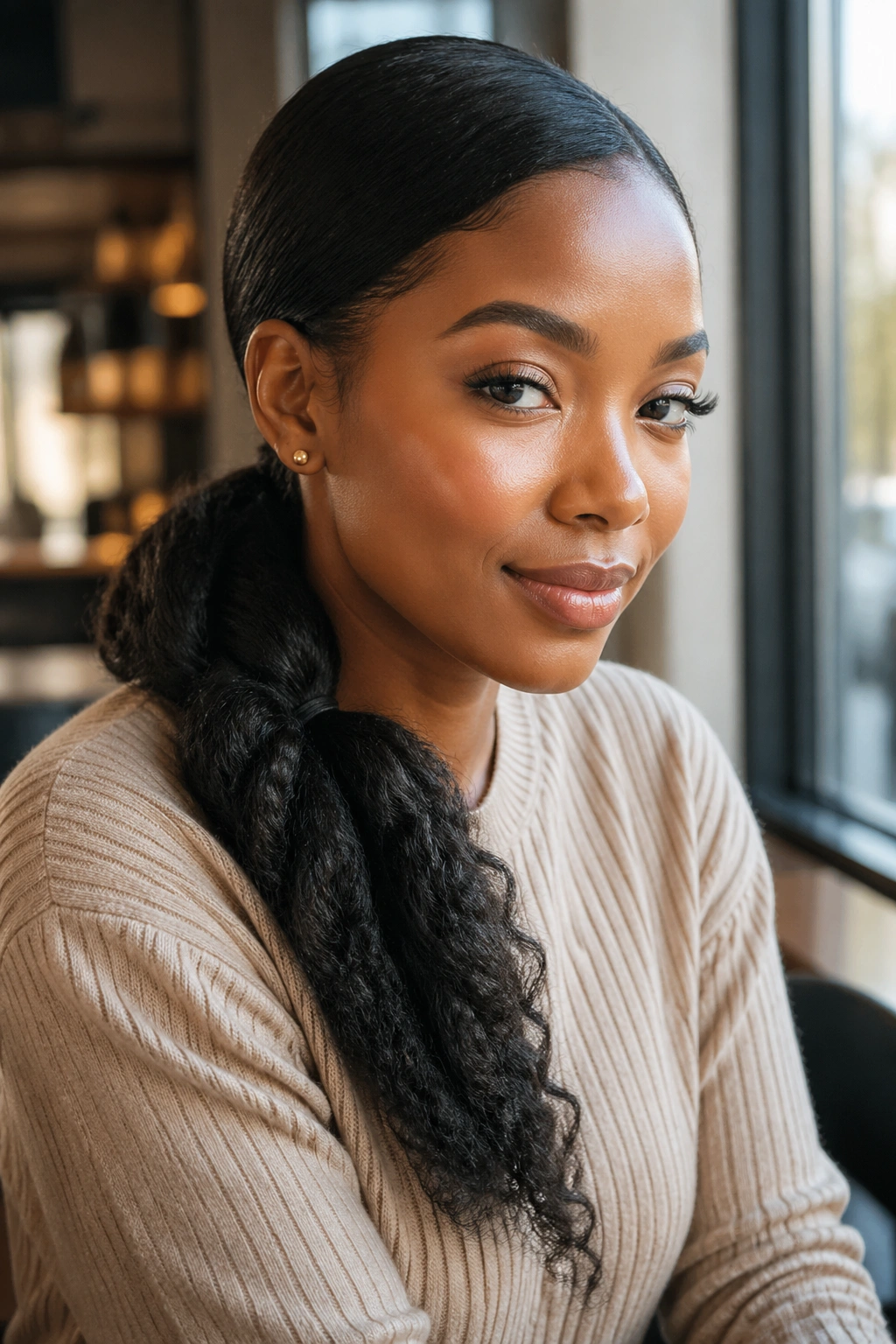 Close-up of a real woman with a sleek low side ponytail in soft cafe light