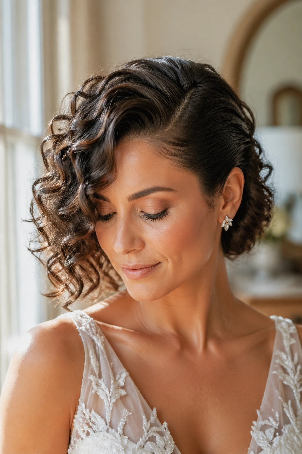 Close-up of real bride with sleek side-sweep hairstyle, roots brushed to one side and textured ends, warm window light in a bridal dressing room.