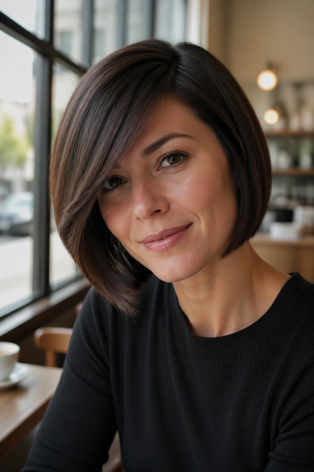 Real woman with sleek side-swept bob in soft daylight