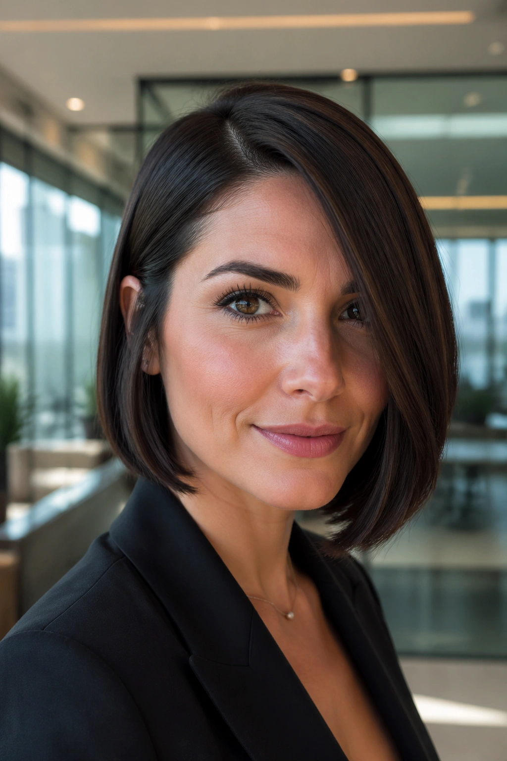 Close-up portrait of a real person with a sleek side-part bob in a bright office setting.