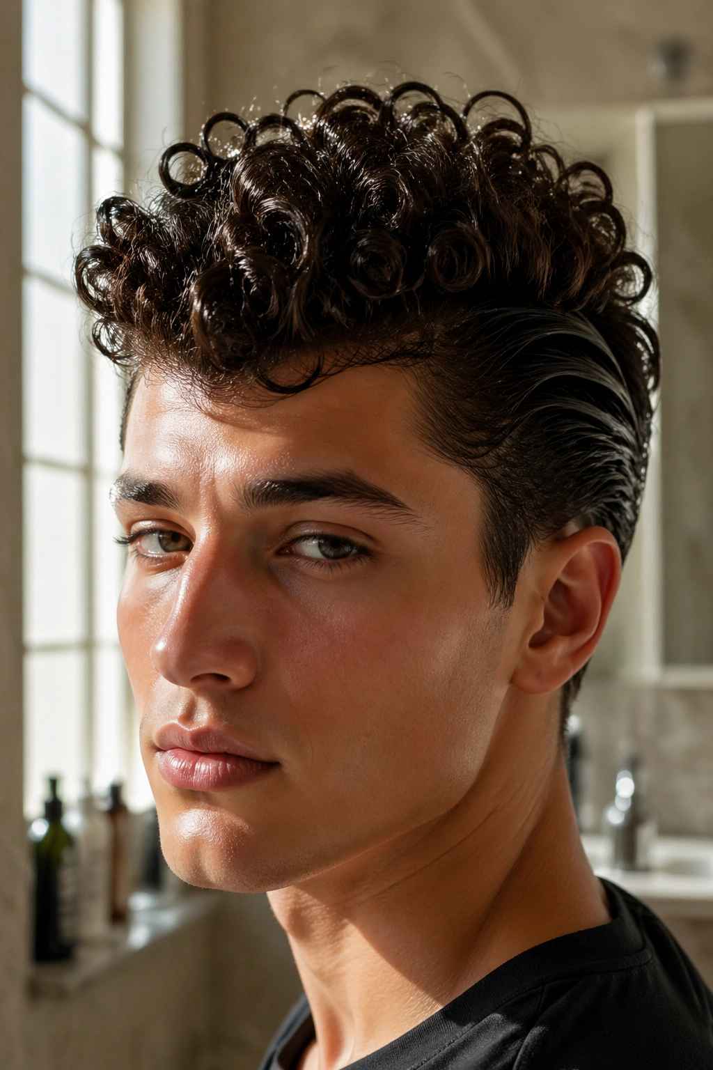 Close-up of a real person with sleek sides and a full top curly hairstyle, gelled sides and lifted crown.