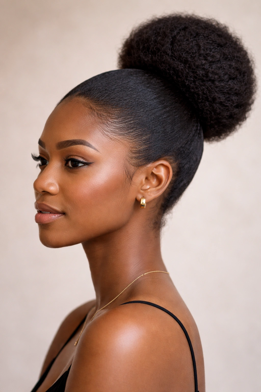 Sleek stretched Afro Bun with smooth front perimeter