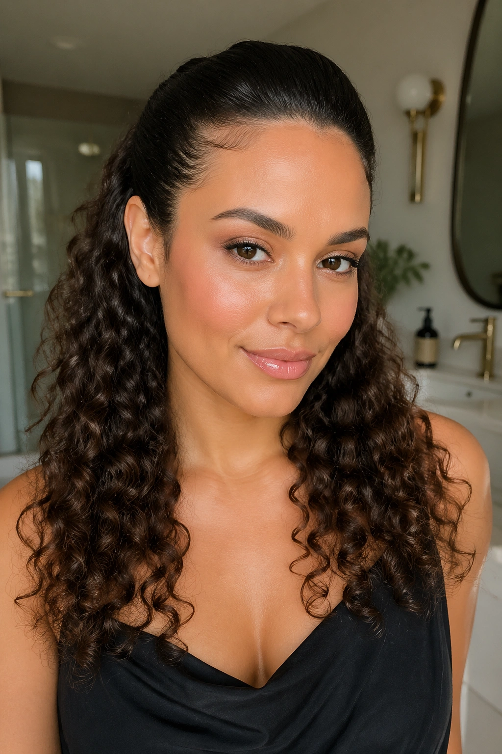 Close-up of a real woman with a sleek crown and curling underneath in a bathroom setting.