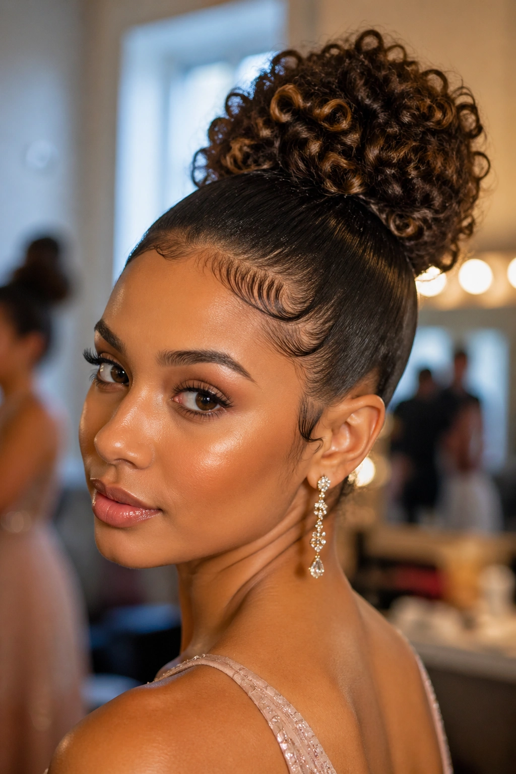 Close-up of a real woman with a sleek-top curly bun in a backstage dressing room