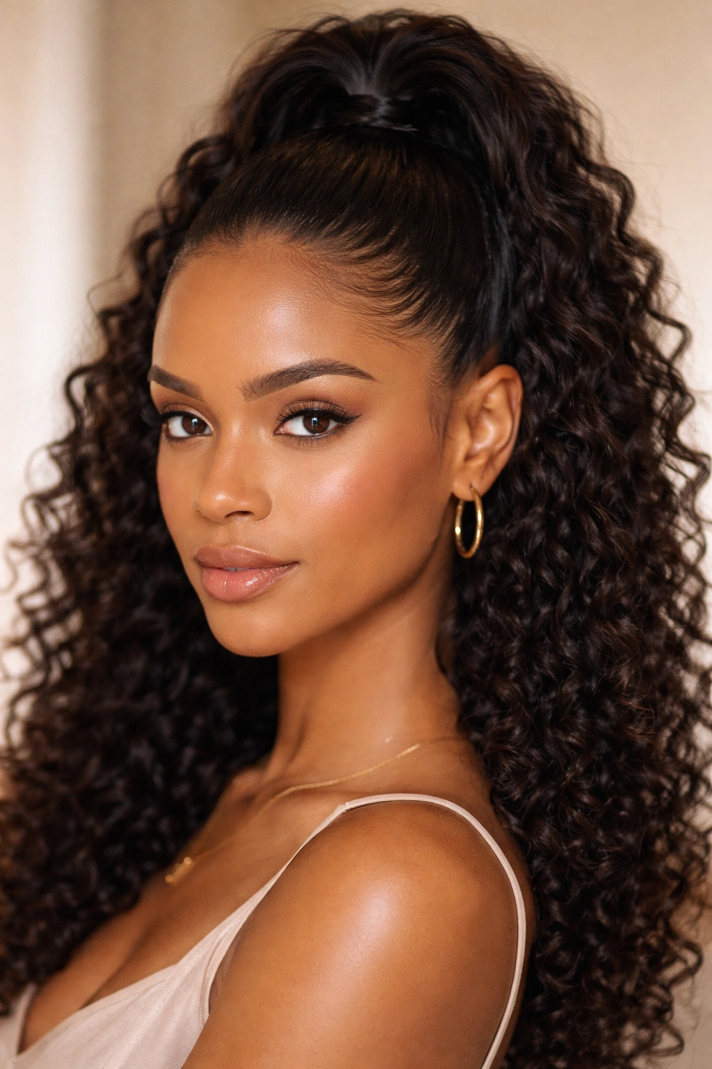 Glossy top half-up pony with defined curls beneath