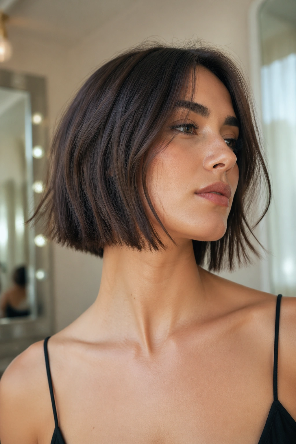 Portrait of a real woman with a sleek but undone razor bob.