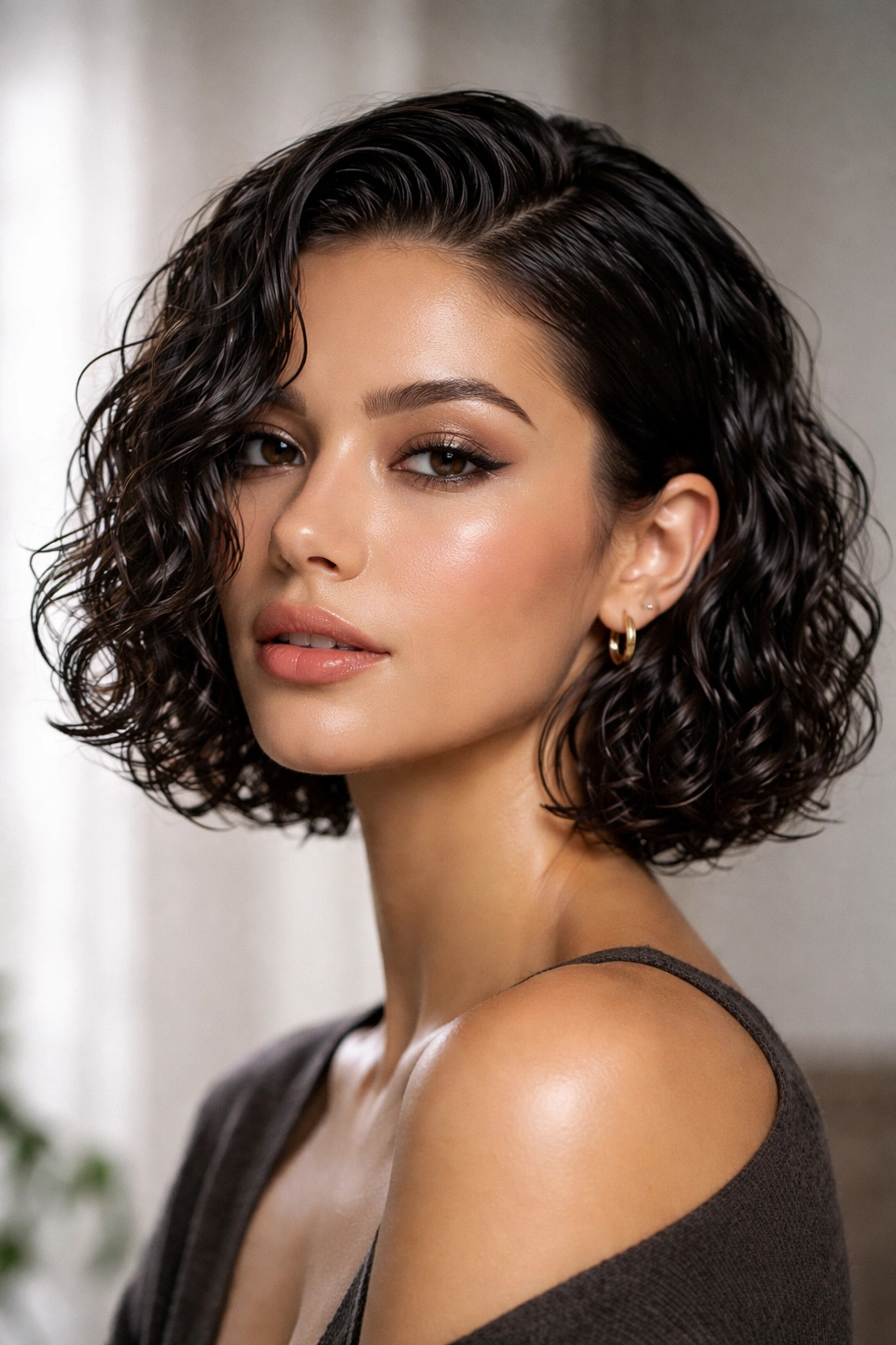Head-and-shoulders view of a sleek, wet-look curly bob