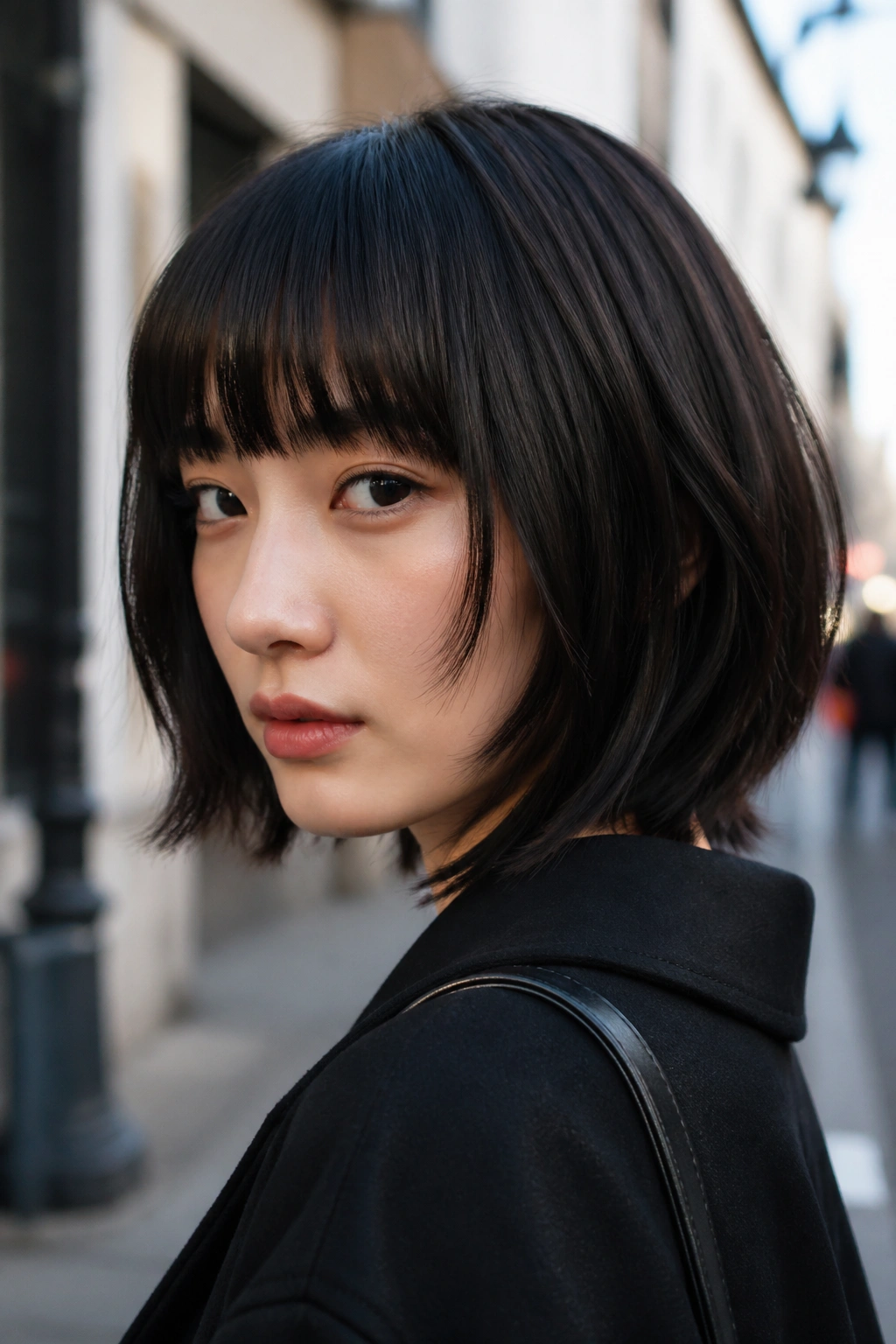 Portrait of a real person with a sleek wolf cut bob and blunt fringe