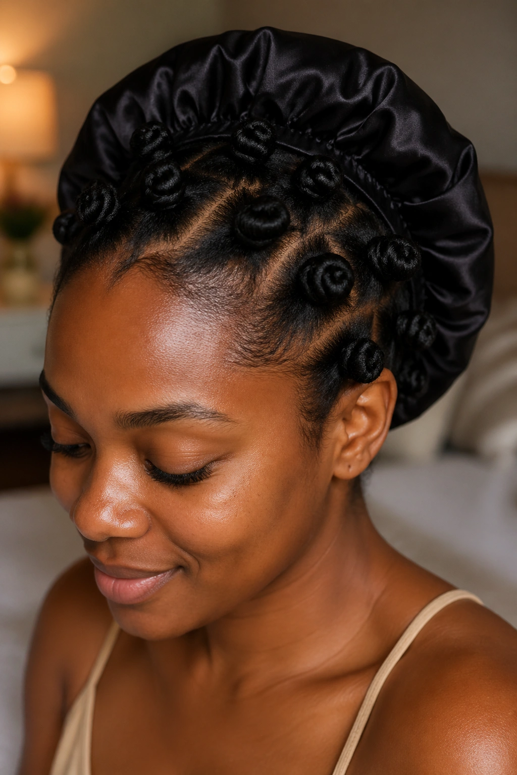 Close-up of sleep-friendly protective Bantu knots on a real person wearing a satin bonnet.