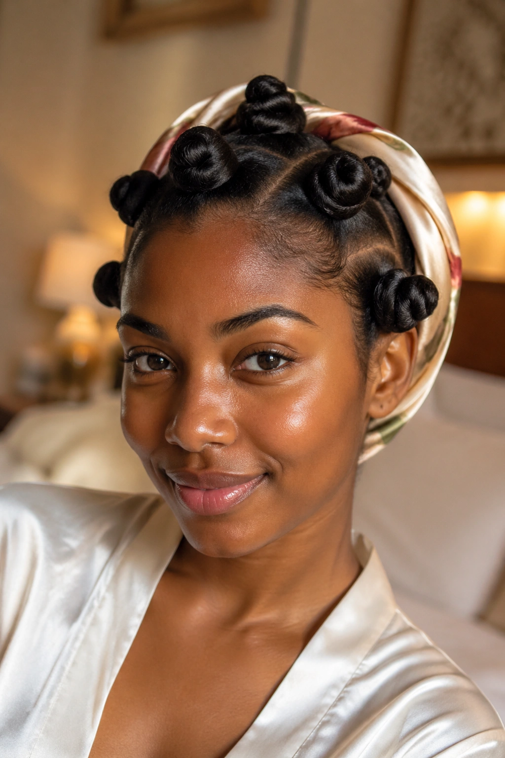 Close-up of a real woman's head with overnight-friendly loose bantu knots and a satin perimeter scarf