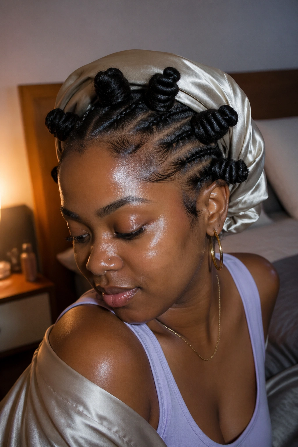Close-up of Sleep-Ready Knots with satin scarf and mousse on a real person