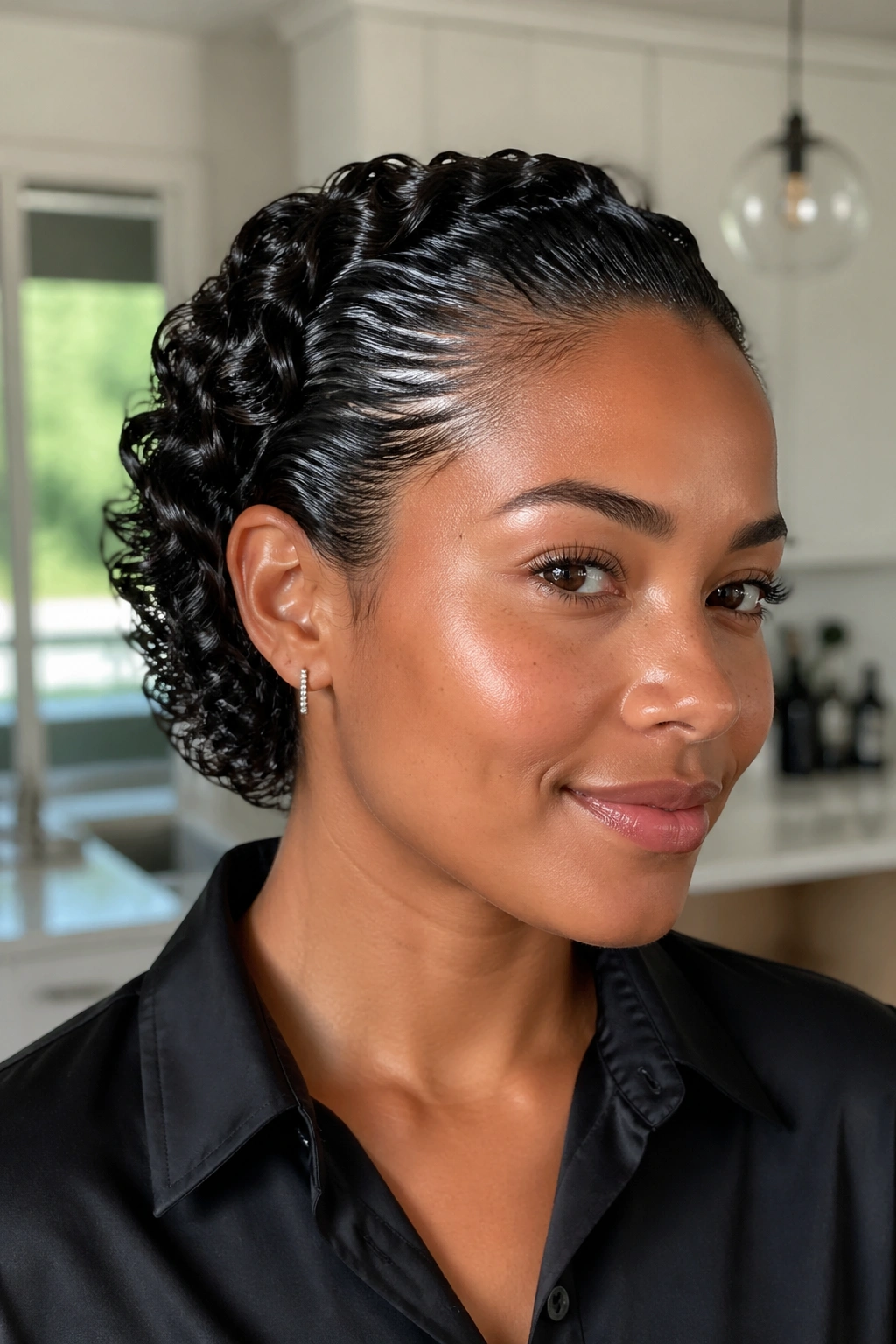 Portrait of a woman with a textured slick-back hairstyle on short curls showing shine