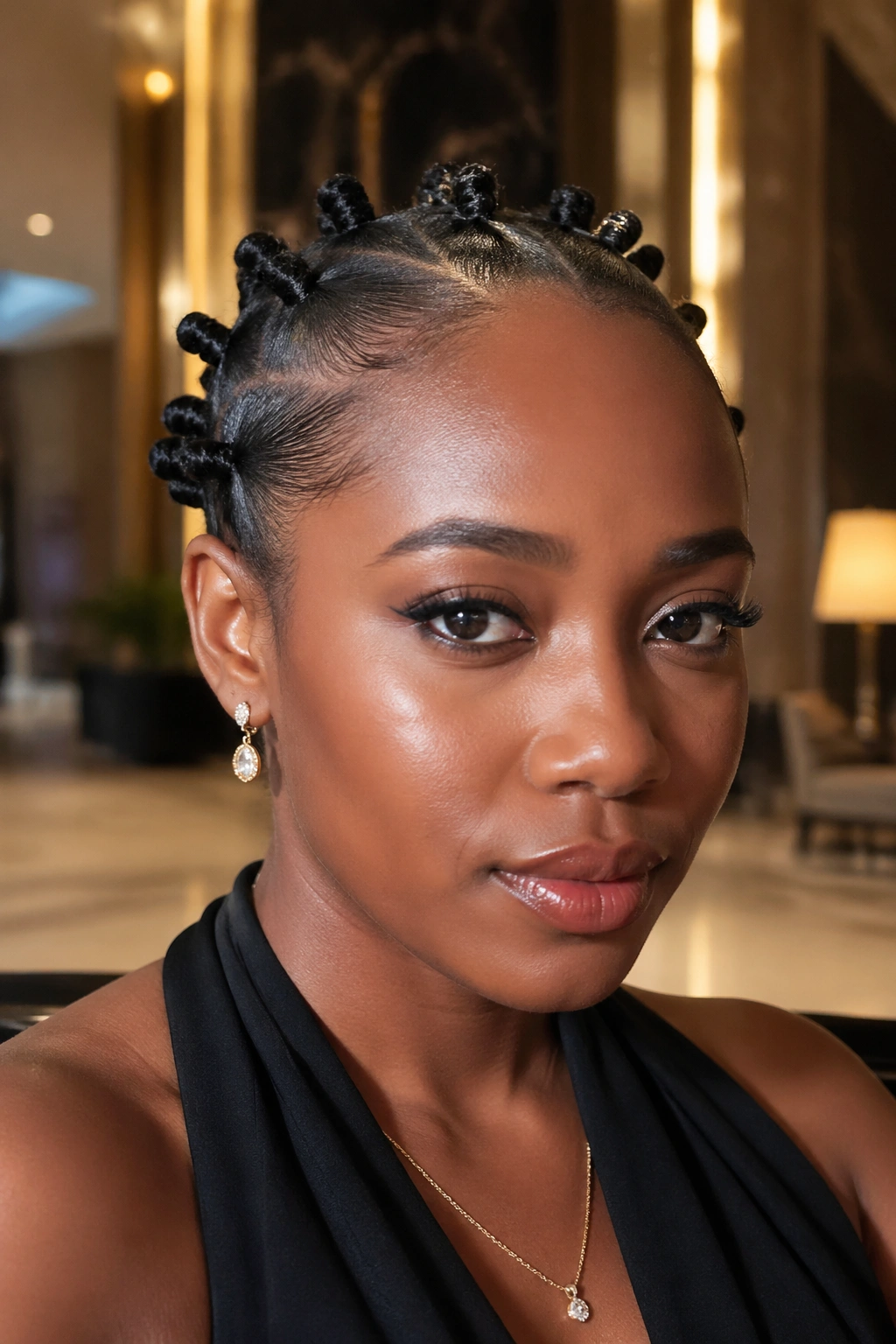 Close-up portrait of a real woman with slicked-back small bantu knots in a hotel lobby setting