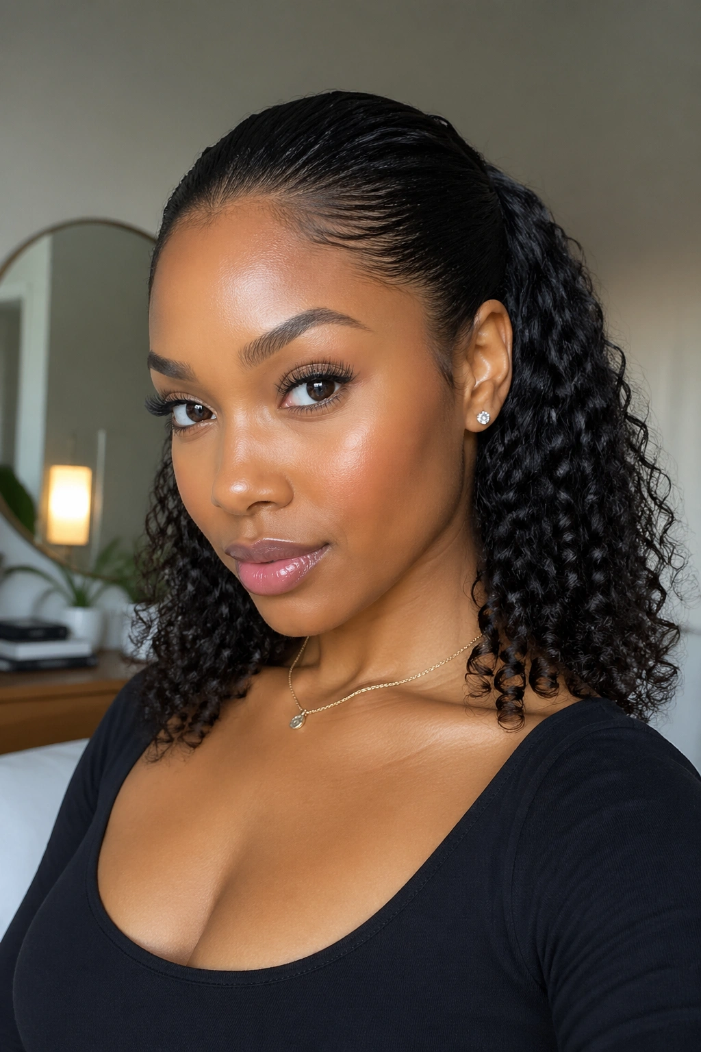 Close-up of a real person with a slicked-back crown and loose back curls