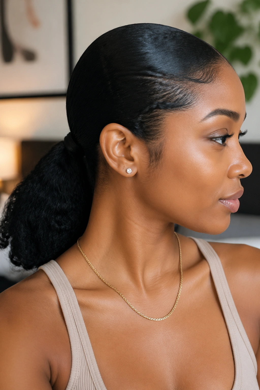 Real person with slicked-back low ponytail at the nape of the neck