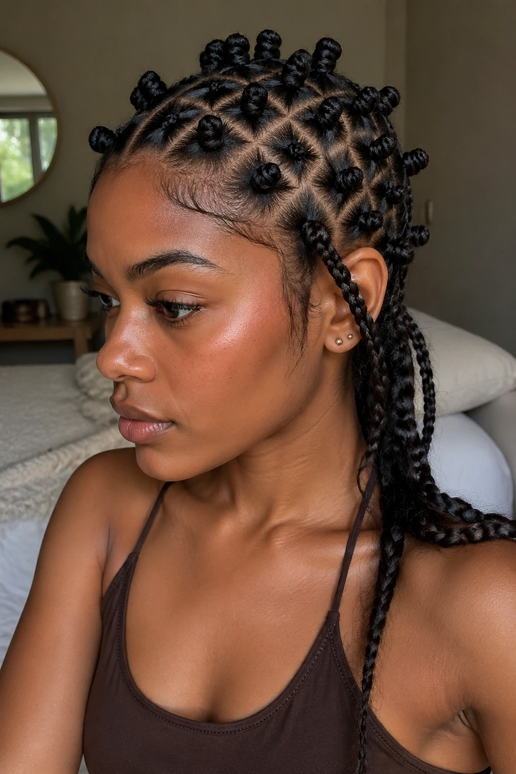 Close-up of a real person with a small knot grid and a loose braided tail.