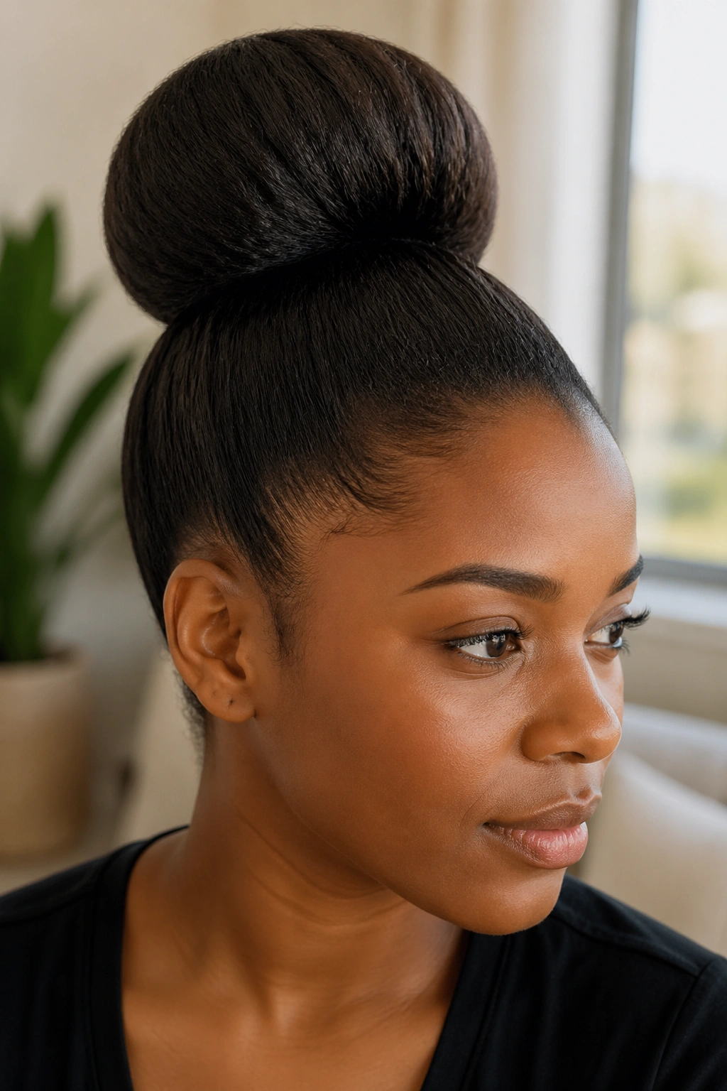 Close-up of a woman with a sock bun formed around a donut