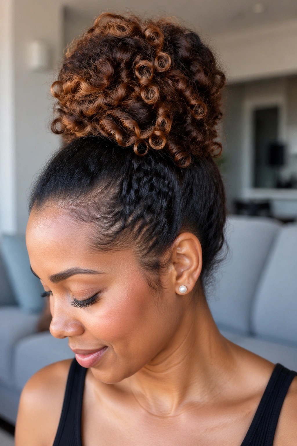 Close-up of a real woman with a plush sock bun in a cozy living room setting