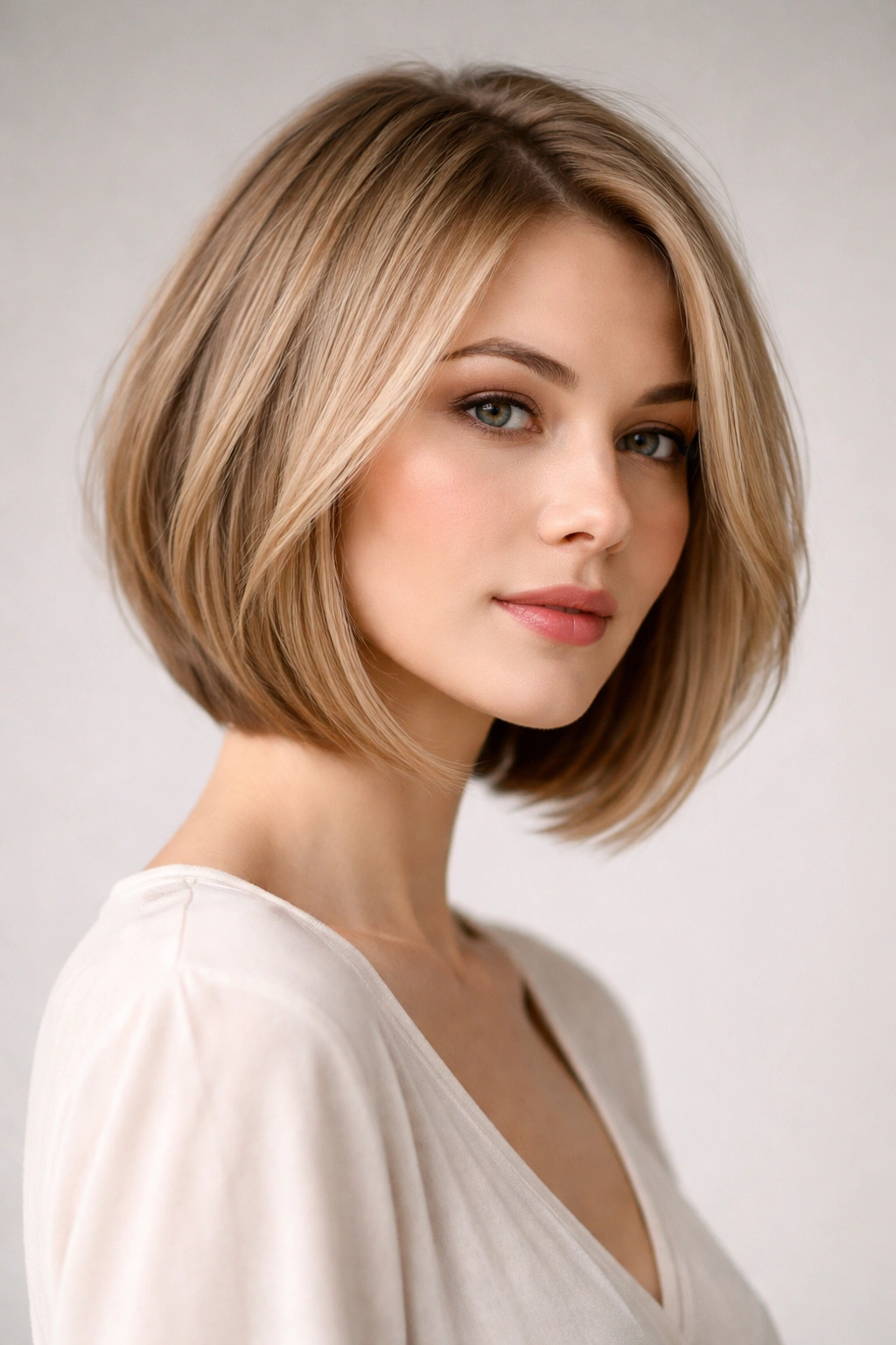Close-up of a model wearing a softly angled A-line bob showing back elevation and front length for fullness