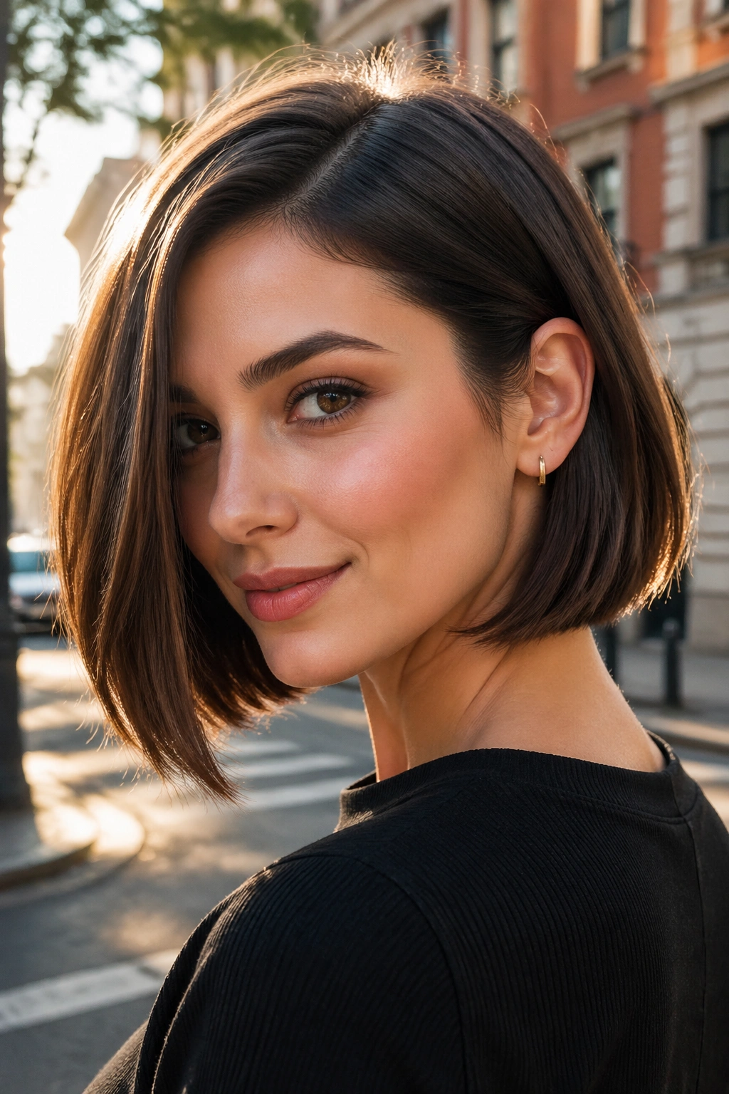 Close-up of real woman with soft A-line bob tucked behind the ear
