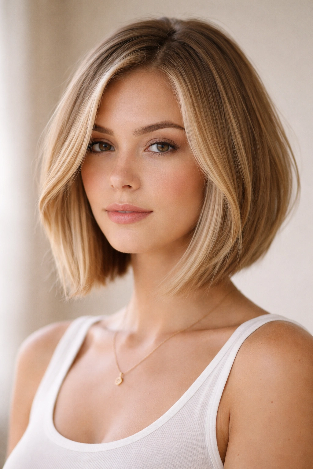 Soft A-line bob with subtle face-framing pieces and beige ribbons