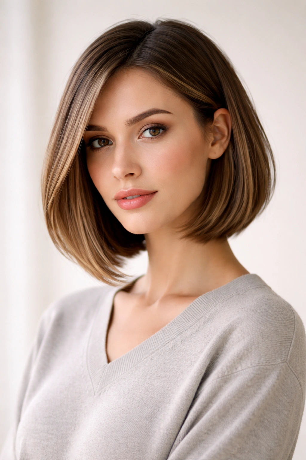 Model with soft A-line bob showing longer front fringe against a plain studio backdrop