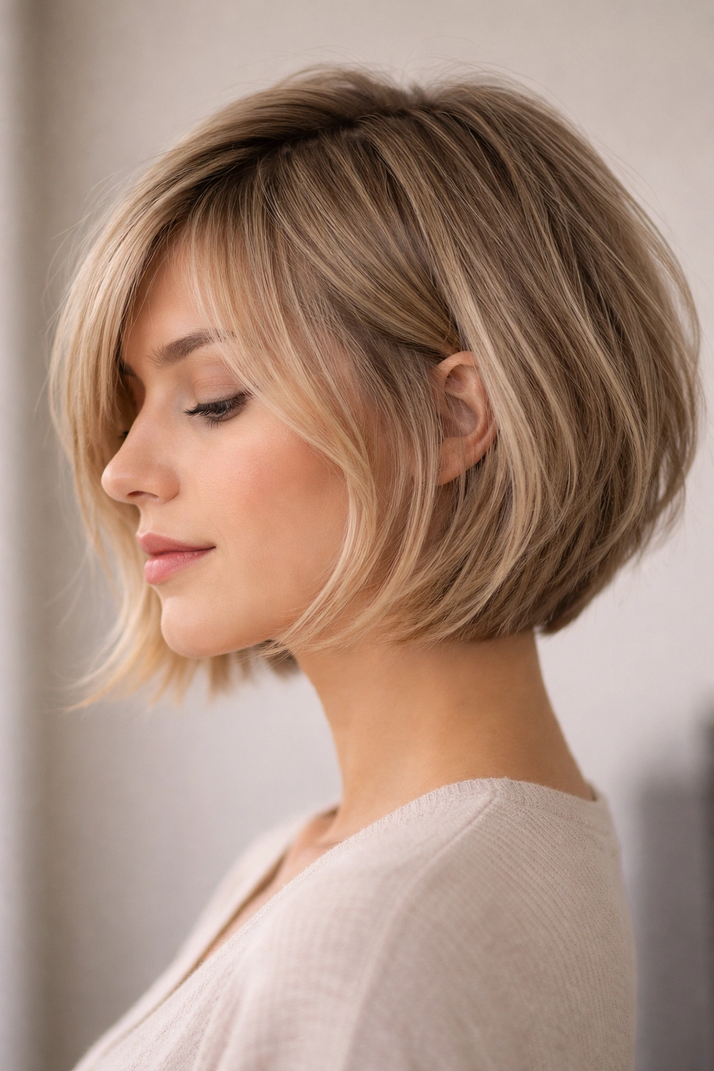 Soft A-line wispy bob with gentle jaw-taper and longer front
