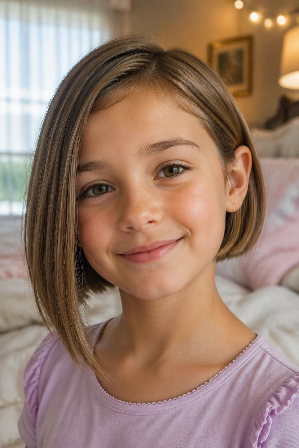 Close-up portrait of a child with a soft asymmetrical bob, one side longer tucked behind the ear