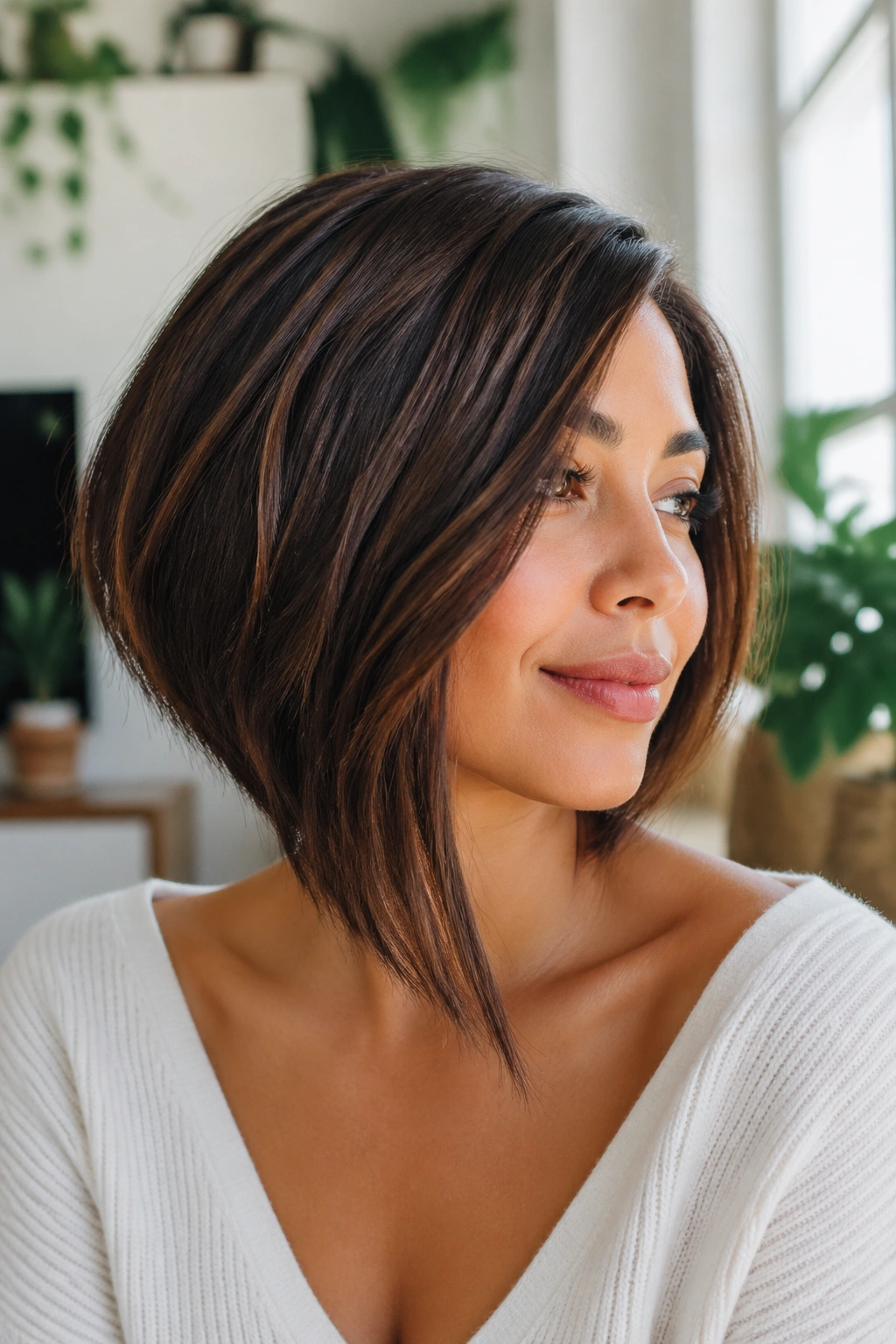 Close-up portrait of a real woman with a soft asymmetrical bob that grazes the collarbone in bright daylight.