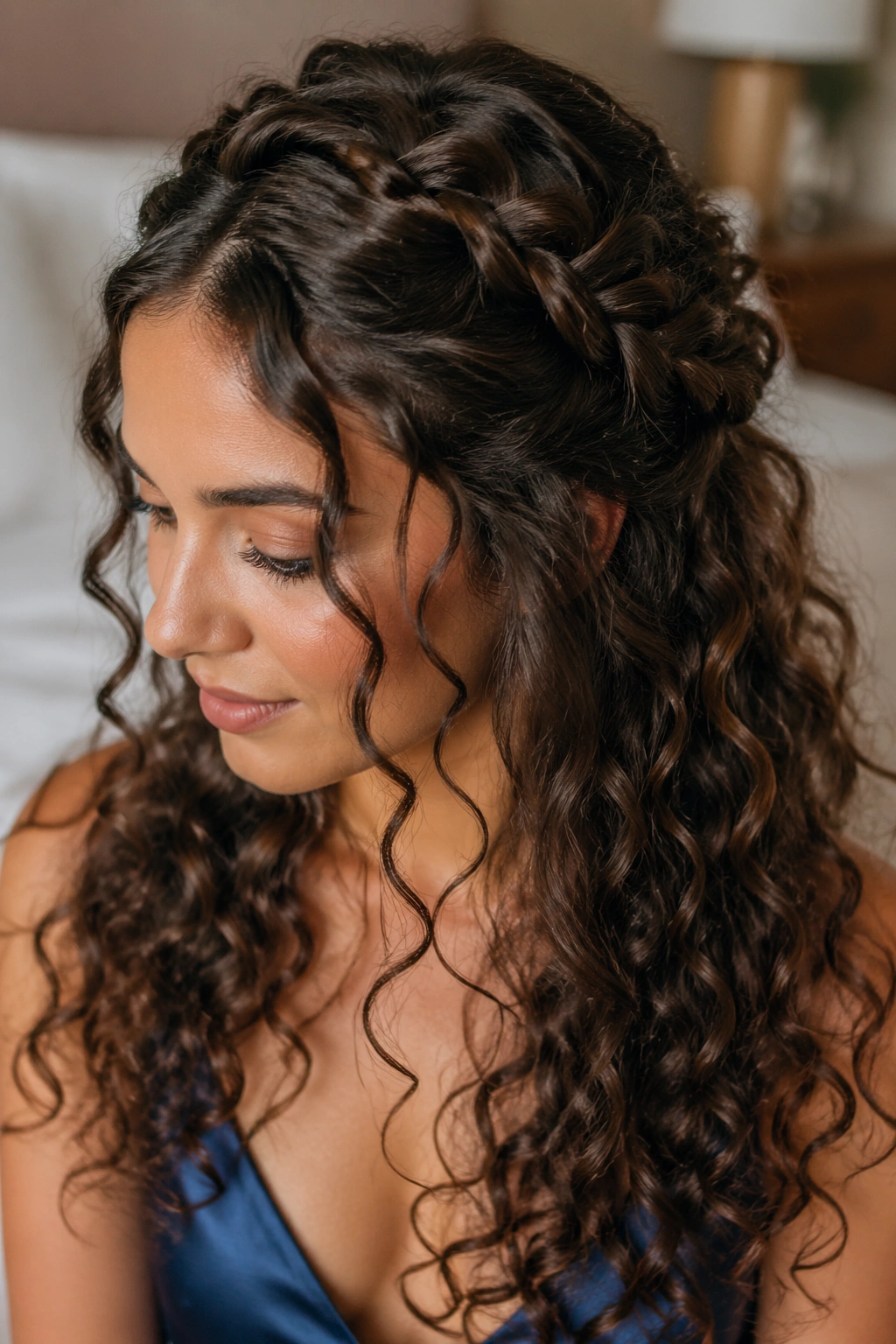 Close-up of a real woman with a soft crown braid over her curls in a cozy room