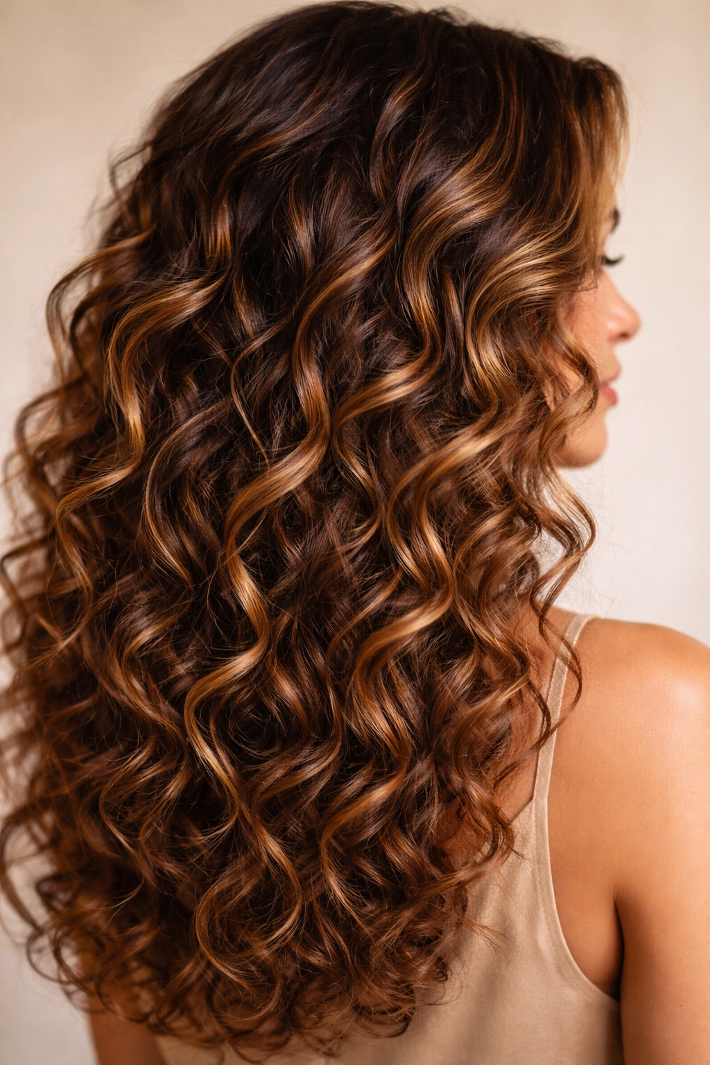 Close-up of curly hair with soft caramel ribbons weaving through medium brown base
