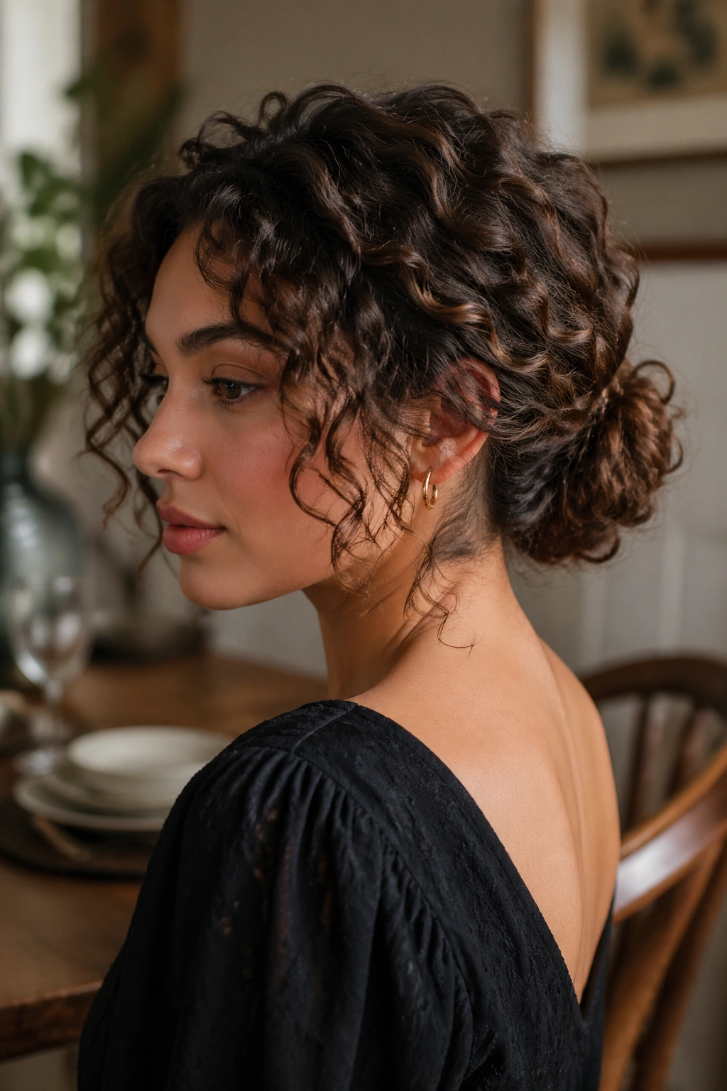 Real woman with a curly bob wearing a soft chignon at the nape
