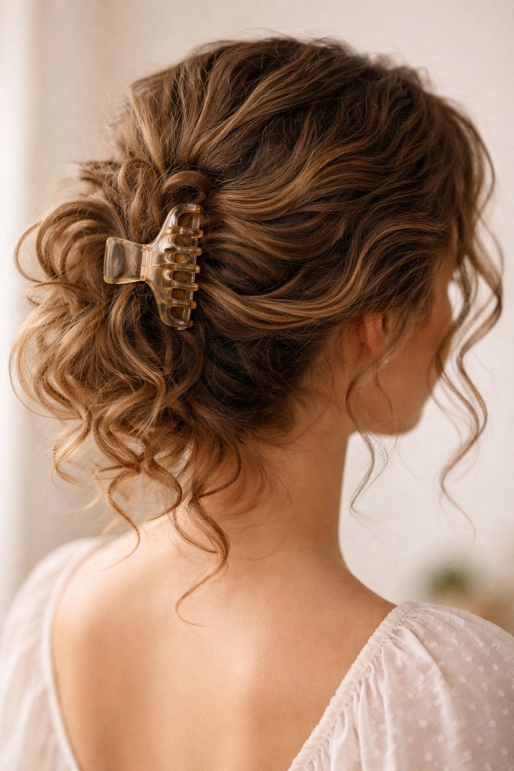 Soft claw-clip updo with curls and volume