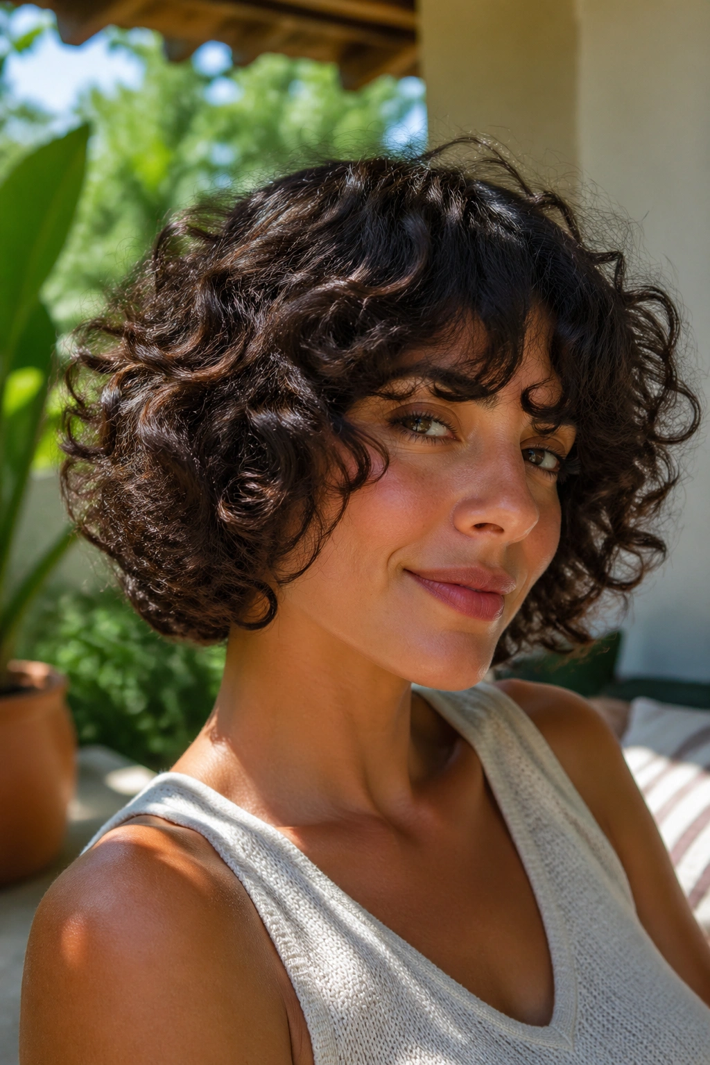 Close-up of a real woman with a soft curly bob and defined curls.