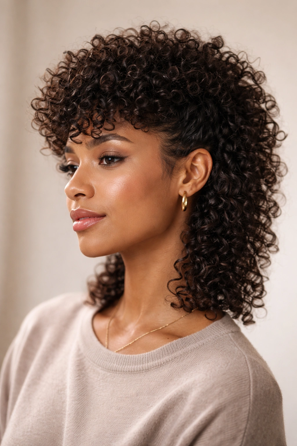 Soft curly mullet hairstyle with lifted crown and blended back