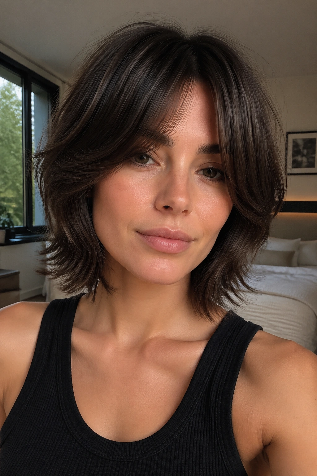 Close-up of real person with soft face-framing wolf cut bob