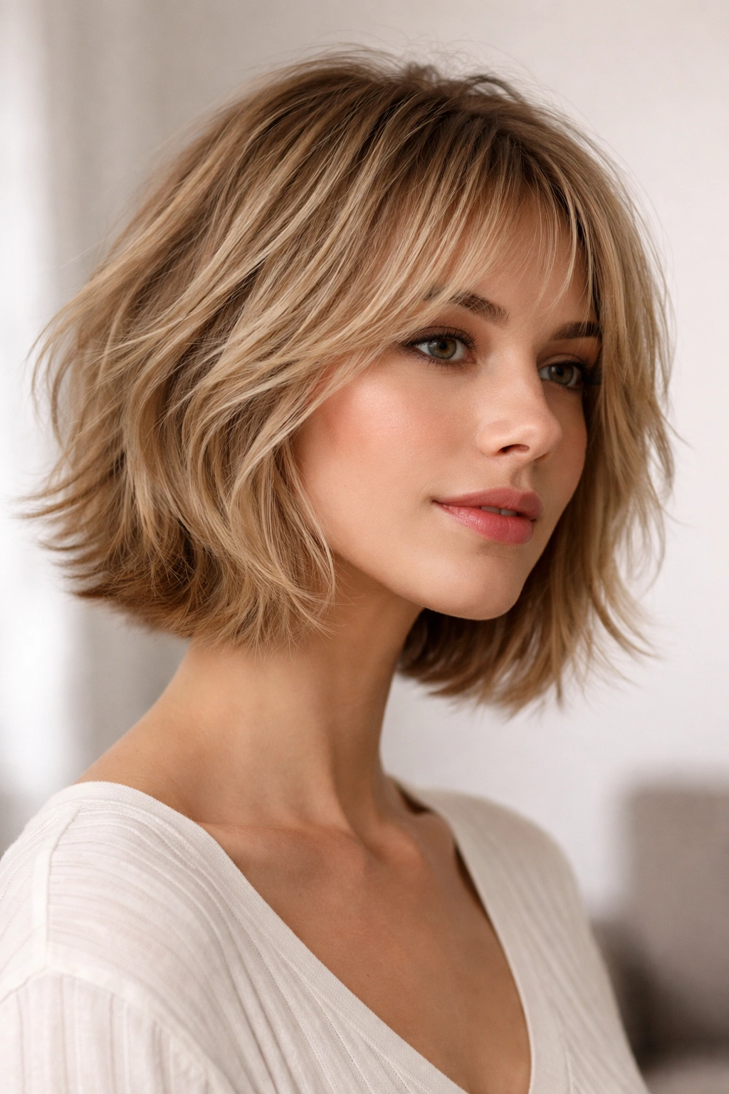 Close-up of soft feathered shaggy bob for fine hair with jawline framing and light layers