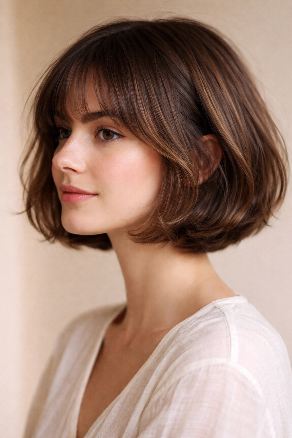 Soft French bob with creamy brunette depth and airy fringe