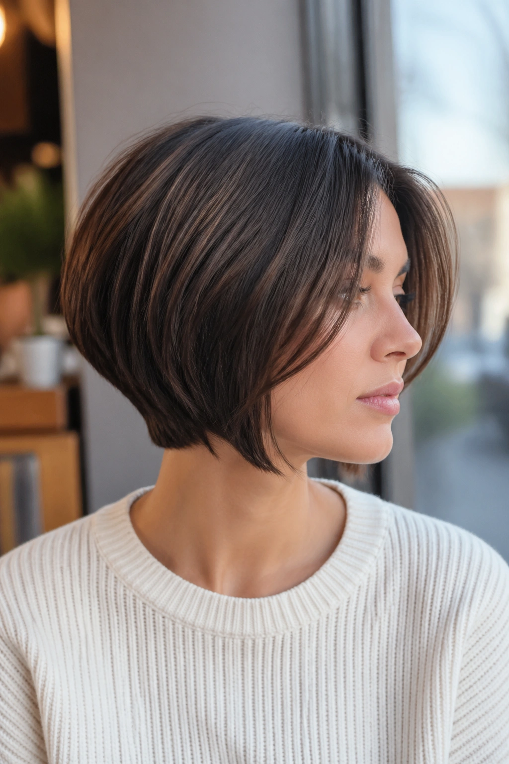 Close-up portrait of a real woman with a softly graduated bob showing nape-short layers