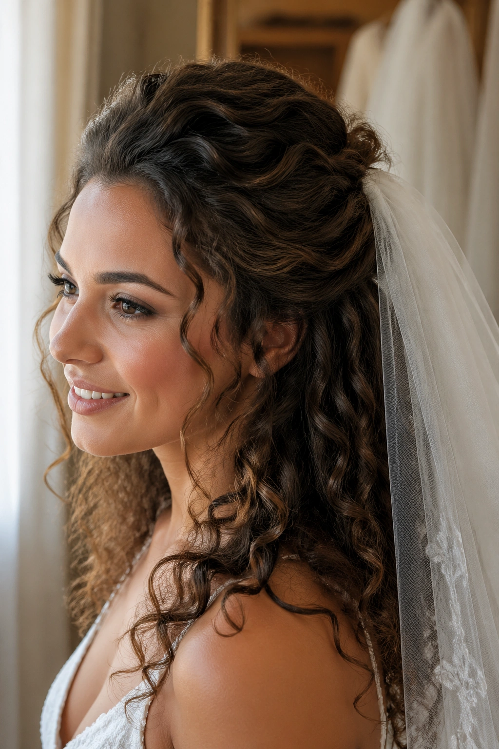 Close-up of a bride with soft half-up puff and veil placement