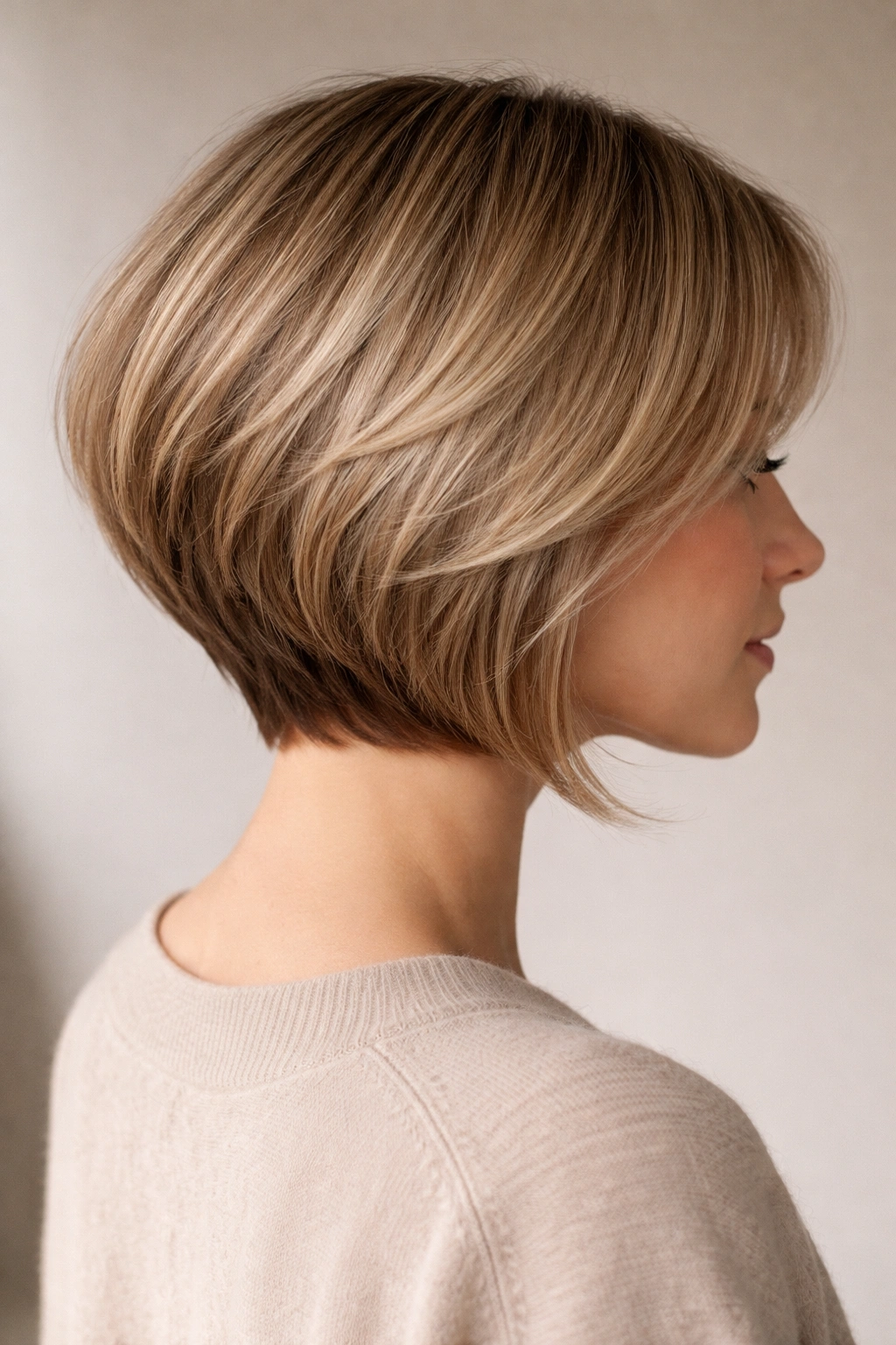 Three-quarter view of soft inverted bob with shorter nape and longer front