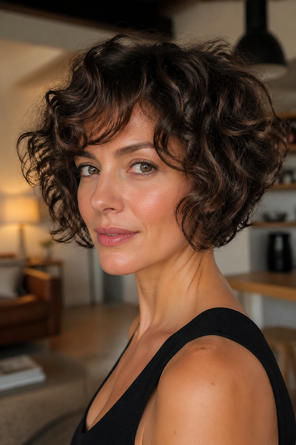 Real woman with a soft inverted curly bob in warm indoor light