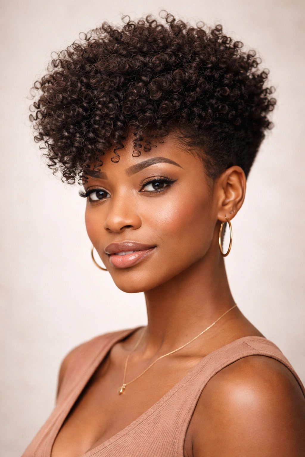 Close-up of a woman with a soft layered tapered afro, showing airy crown and curl movement