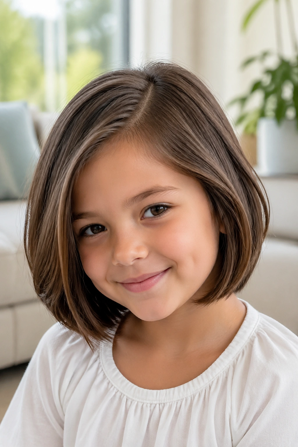 Close-up of a child with a soft layered bob and side part.